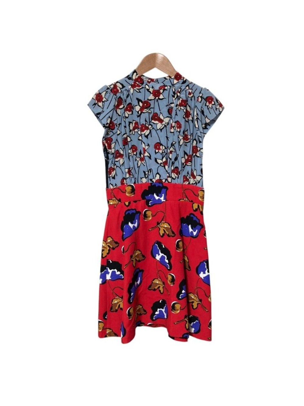 Miu Miu Color Block Flower Print French Sleeve Docking Dress Blue Red Short 38